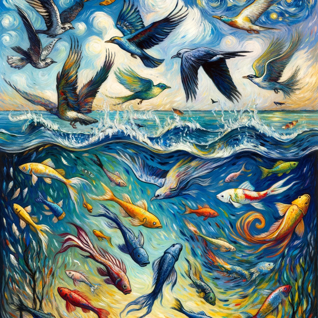 DALL·E 2024-01-12 03.27.00 - A Van Gogh-inspired painting that creatively blends birds and fish into one harmonious scene. The top half of the artwork depicts a sky filled with va